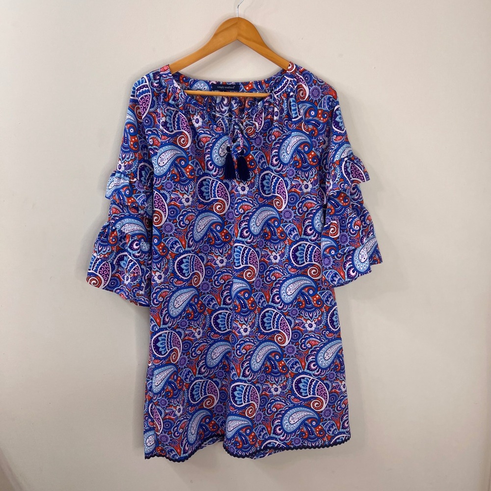 Simply Southern Women's Blue Orange Paisley Ruffle Bell Sleeve Shift Dress Large